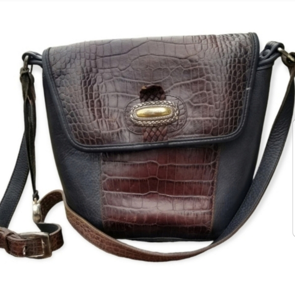 BRIGHTON RETIRED MAGDALEINE BLACK & BROWN CROC LEATHER HANDBAG - Picture 1 of 8